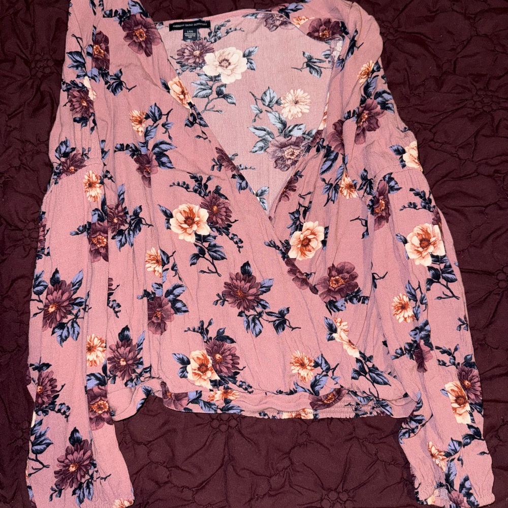 American Eagle Outfitters Floral Wrap Blouse - Pink and Blue